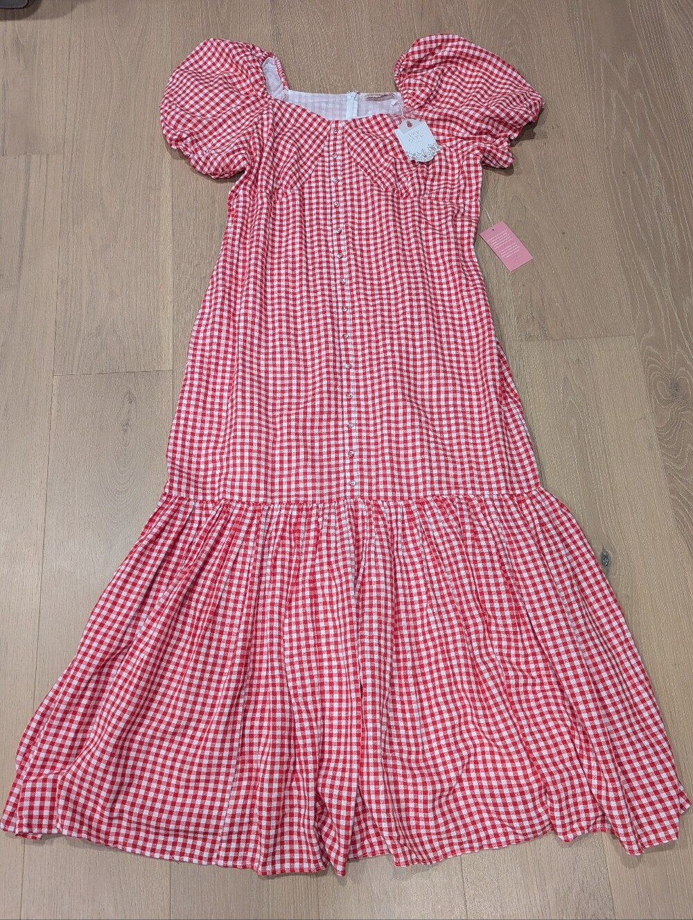 Red Gingham Puff-Sleeve Dress